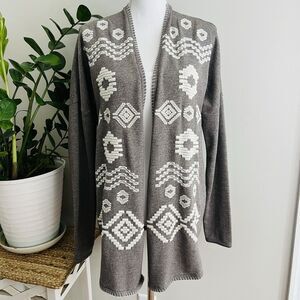 Natural Reflections Gray & White Aztec Open Front Long Cozy Cardigan Sweater Lg